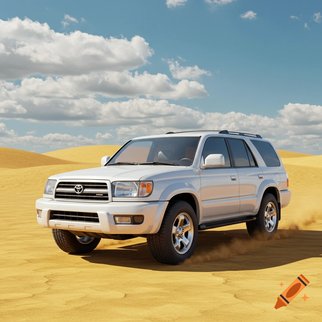 White Toyota 4Runner SUV driving through sandy desert dunes under a blue sky with clouds. Photorealistic style.