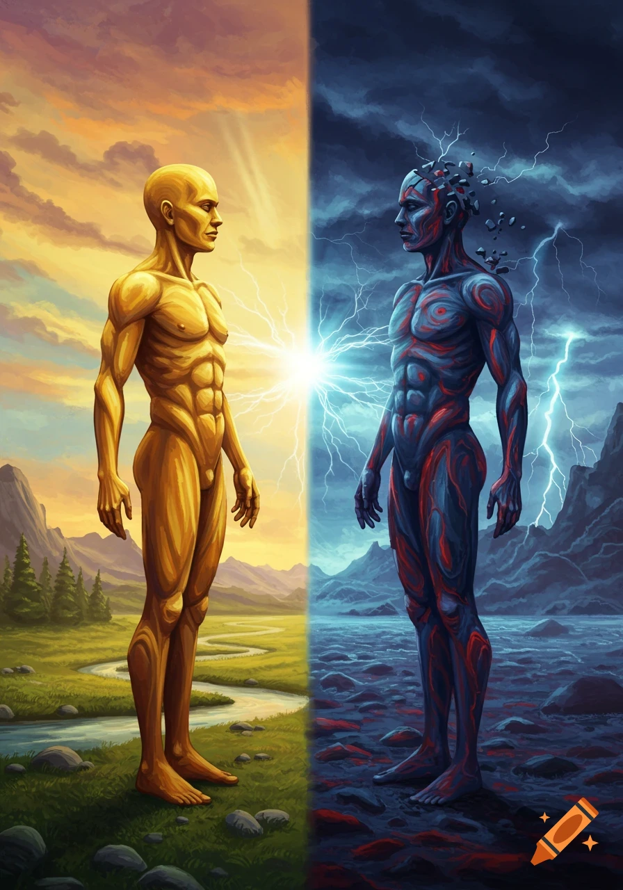 A golden human figure in a serene landscape faces a dark, fractured figure in a stormy one, with lightning connecting them.