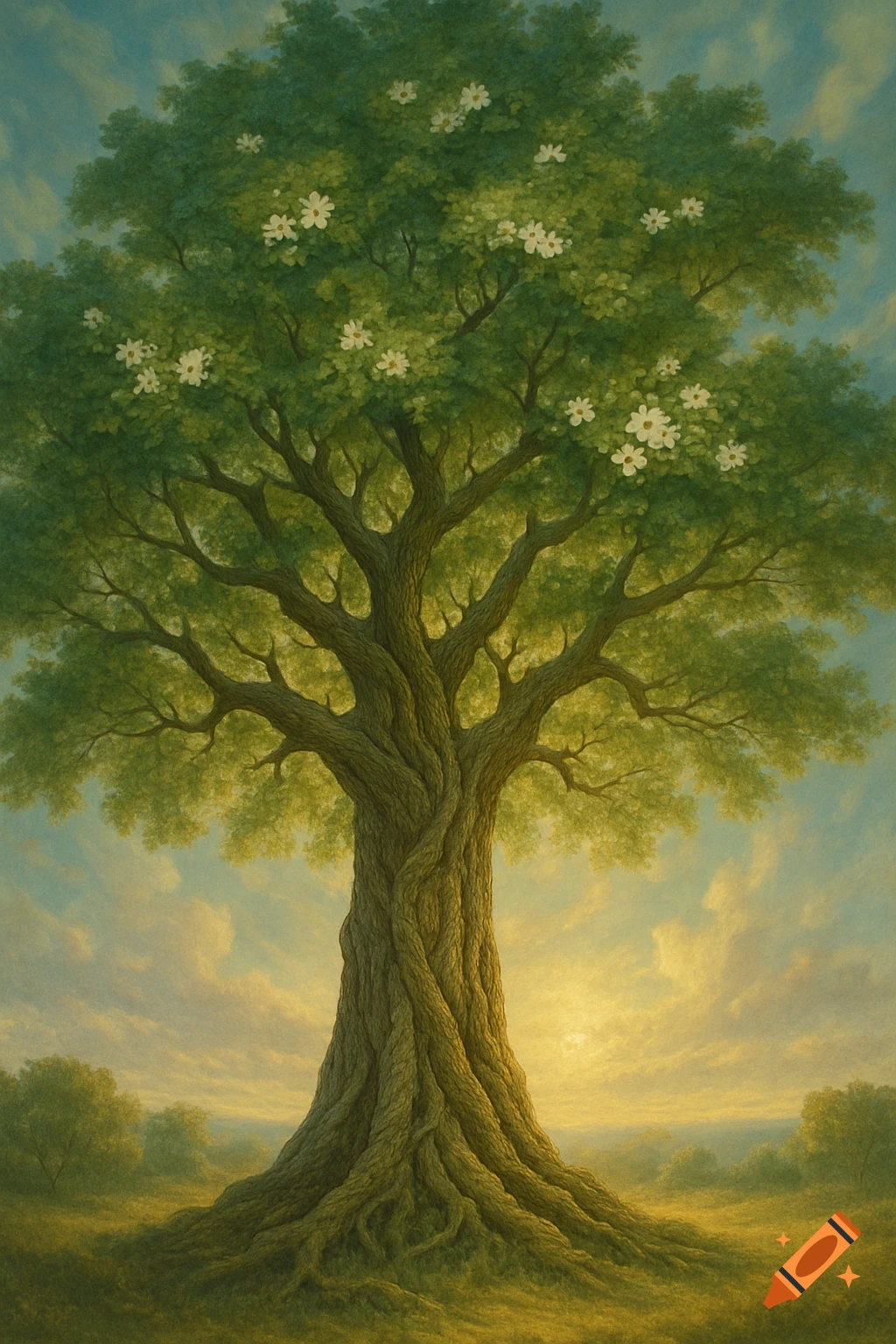 A majestic, textured tree with lush green leaves and white flowers stands in a grassy field under a warm, glowing sky, in a painterly style.