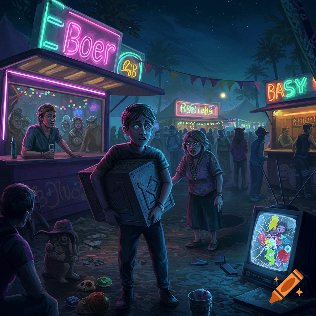A wide-eyed boy carries a large box through a neon-lit night festival, past a broken TV and concerned adults.