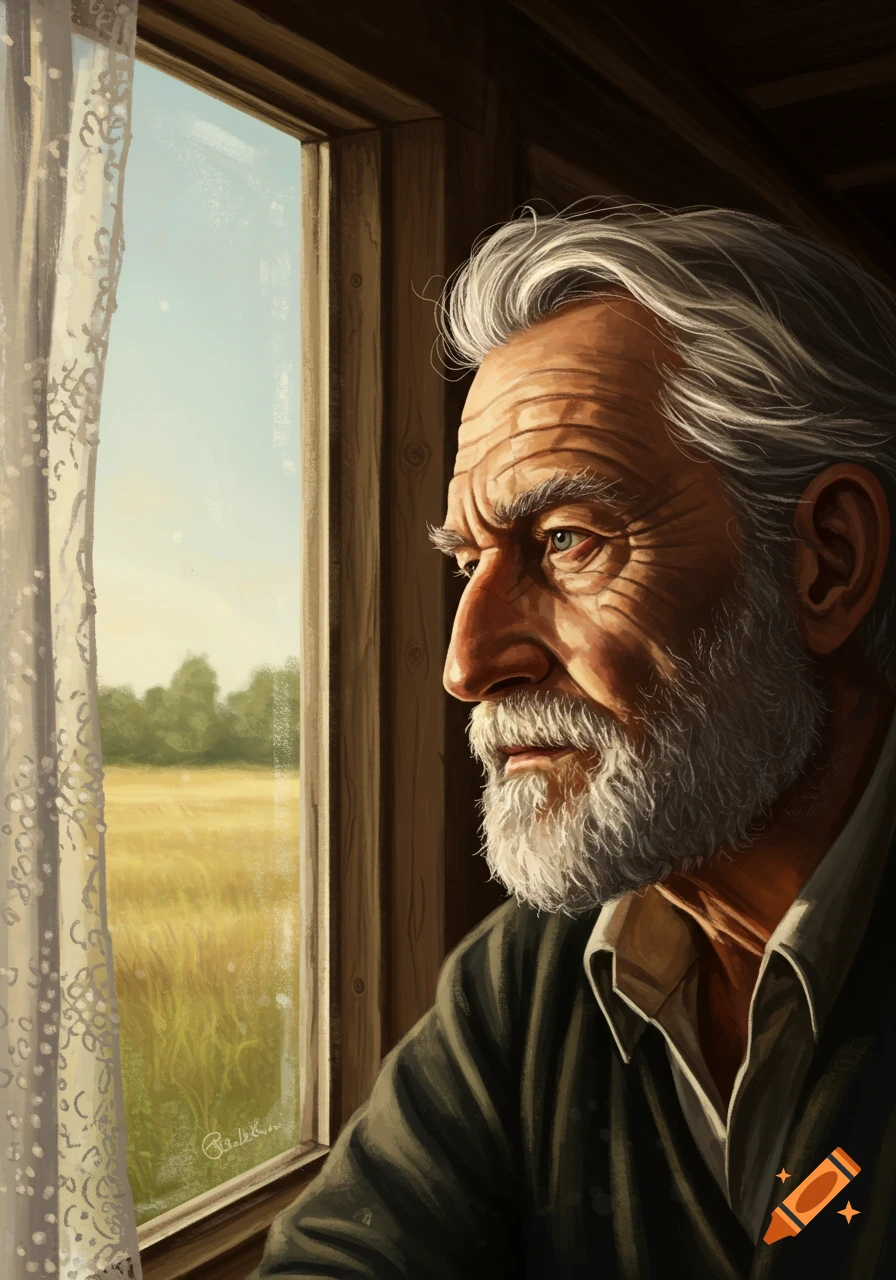 An aged man with a white beard looks pensively out a window at a sunlit field and trees in a painterly style.