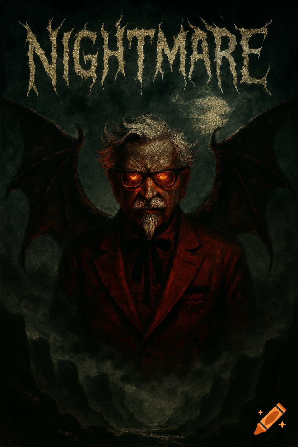 A dark, stylized depiction of Colonel Sanders as a demon with glowing red eyes and bat wings, with the word 'NIGHTMARE' above him.