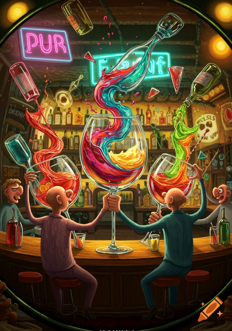 Cartoon illustration of men at a bar, holding large glasses with vibrant, flowing liquid in an exaggerated, dynamic style.