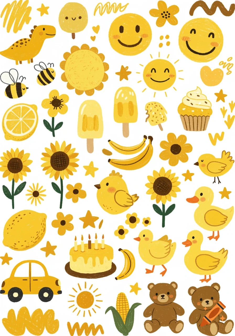 A collection of yellow-themed whimsical doodle illustrations including a dinosaur, bees, sunflowers, lemons, ice cream, cupcakes, bananas, birds, ducks, teddy bears, a car, and a birthday cake on a white background.