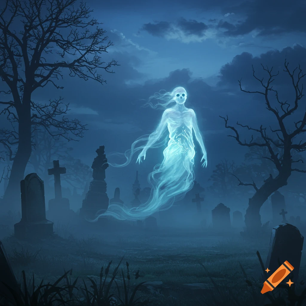 A glowing blue ghost with a skull face floats in a misty, moonlit graveyard with bare trees and tombstones, in an illustrative style.