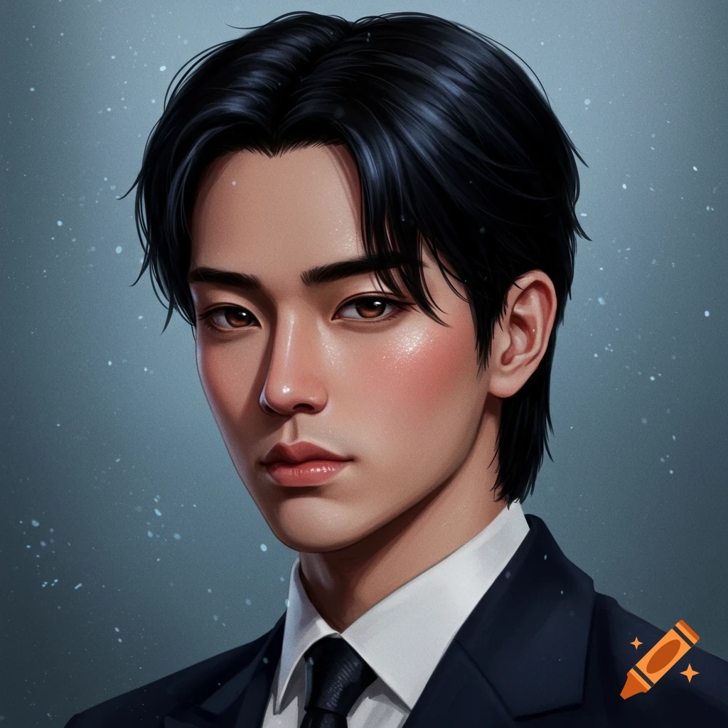 Digital portrait of a young man with black hair and brown eyes wearing a dark suit and tie.