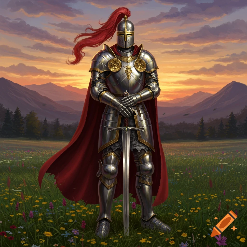 A knight in shining full plate armor with a red plume stands holding a sword in a wildflower field at sunset, with mountains in the background.