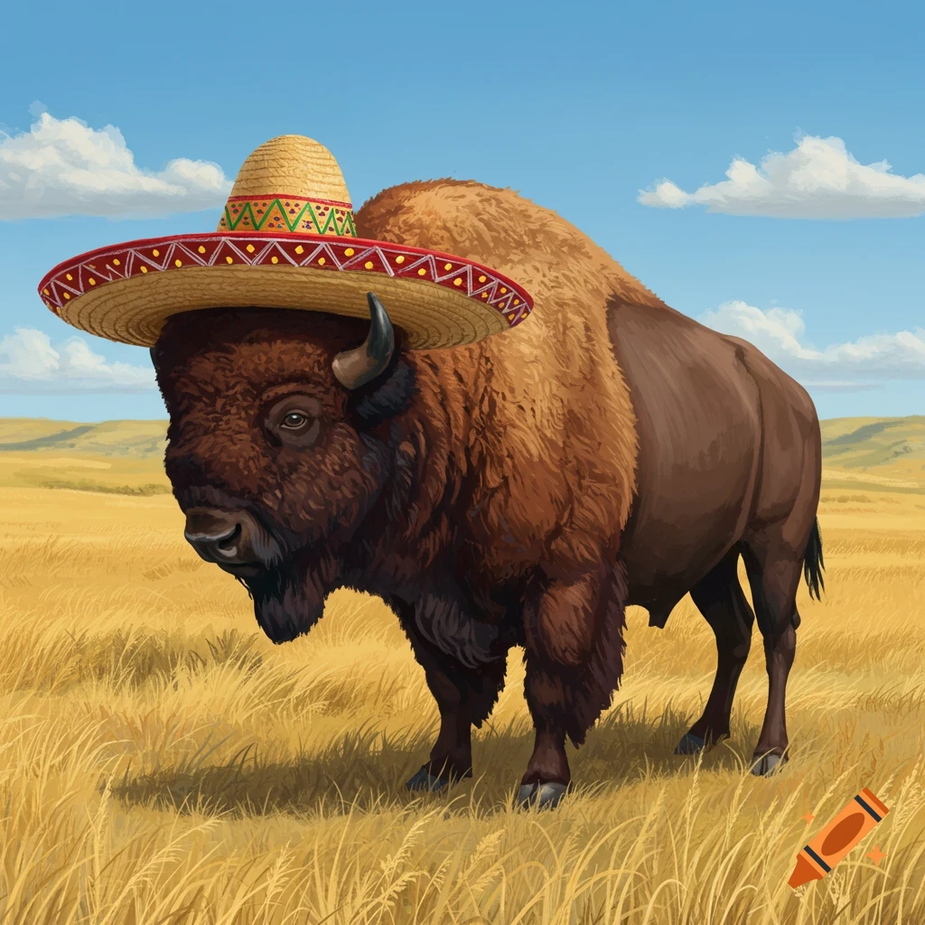 A bison wearing a sombrero stands in a sunlit golden field under a blue sky with scattered clouds.