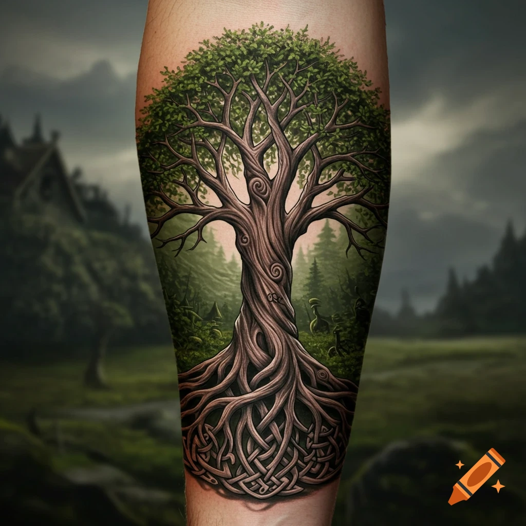 Detailed Yggdrasil tree tattoo with green leaves, twisted trunk, and Celtic knot roots on an arm, against a blurred fantasy forest background.