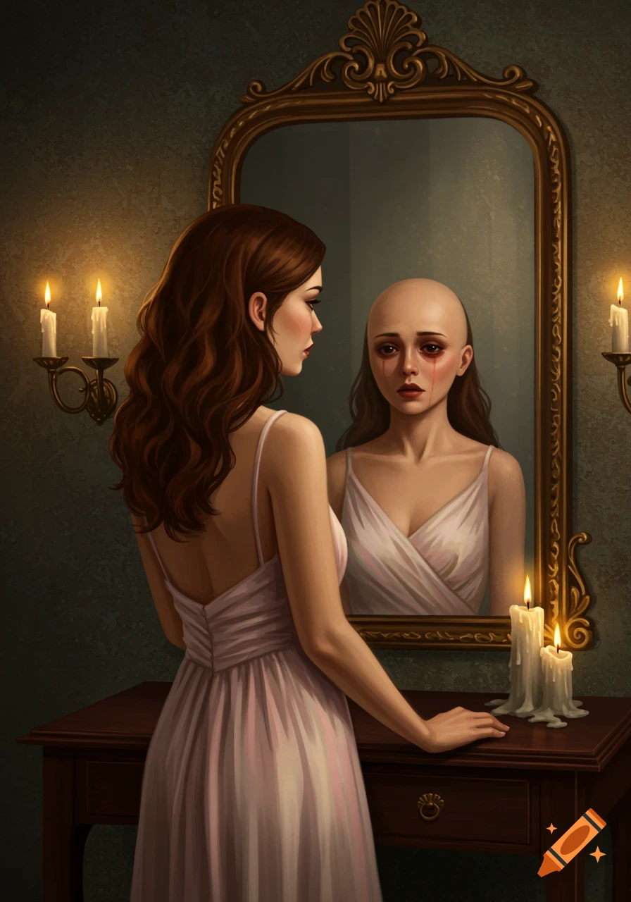 A woman with long brown hair looks into a mirror; her reflection is a bald, crying woman in a dimly lit room with candles.