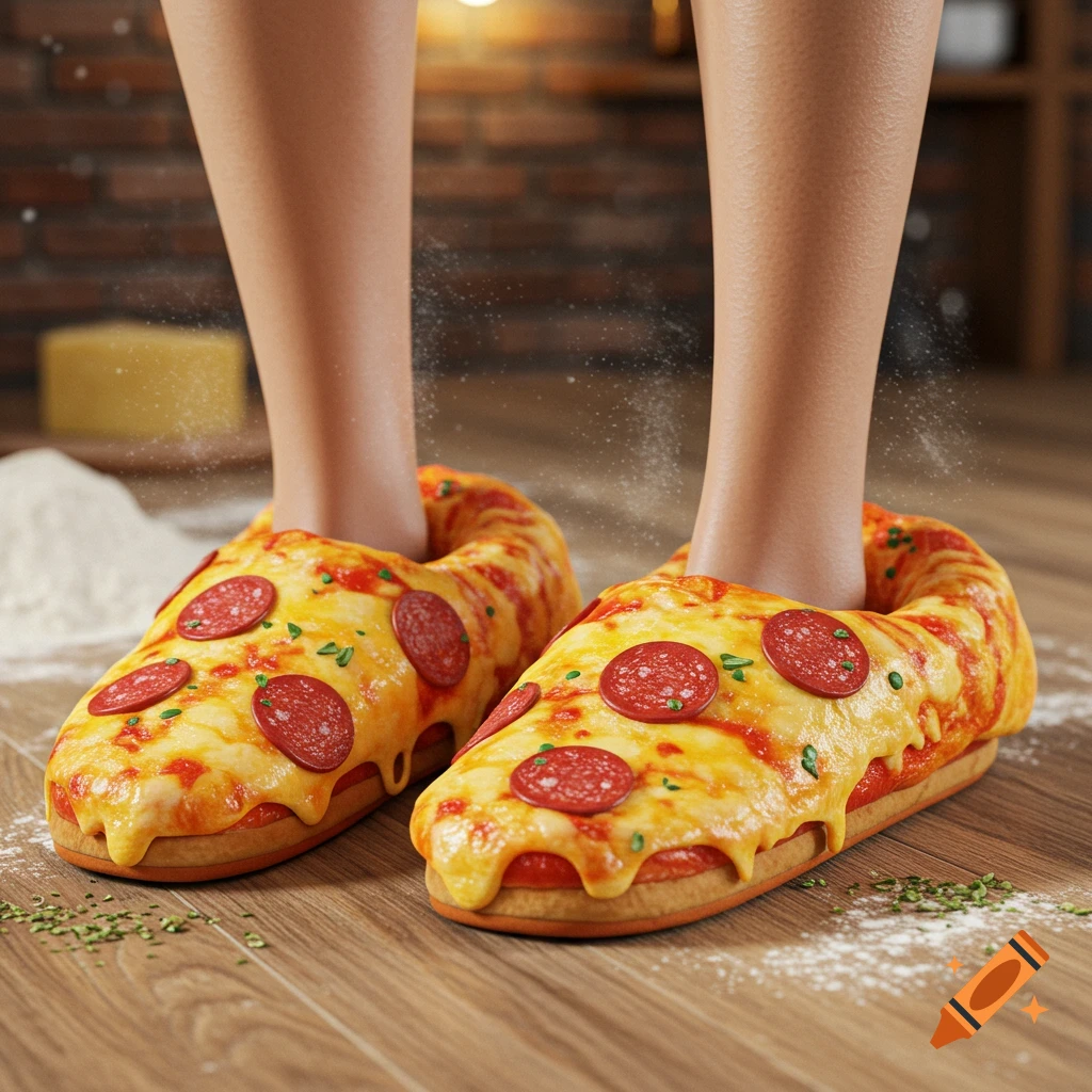 A person's legs wearing two realistic slippers shaped like slices of pepperoni pizza, standing on a wooden floor with flour and herbs.