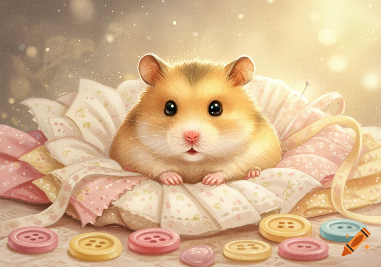 A cute, fluffy baby hamster lies on pink and yellow patterned fabric surrounded by colorful buttons, with soft bokeh lights in the background.