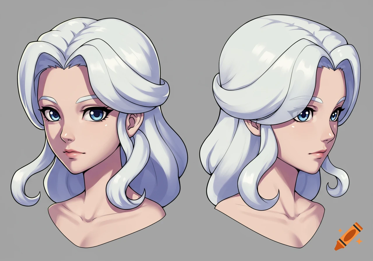 Anime character model sheet showing front and side views of a woman with white hair and blue eyes.