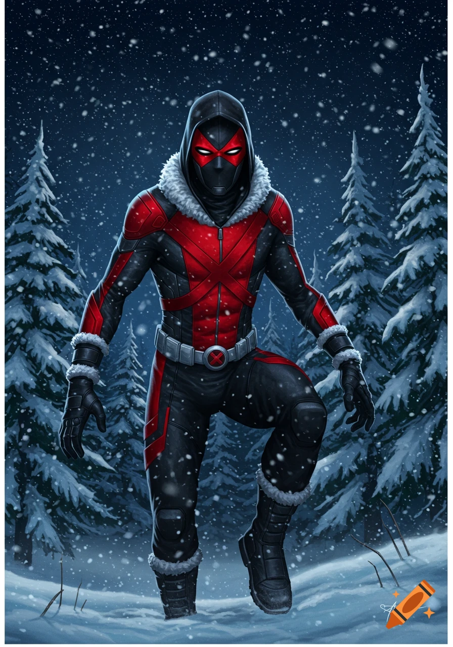 A superhero in a black and red winter suit with fur trim stands in a snowy forest, with snowflakes falling.