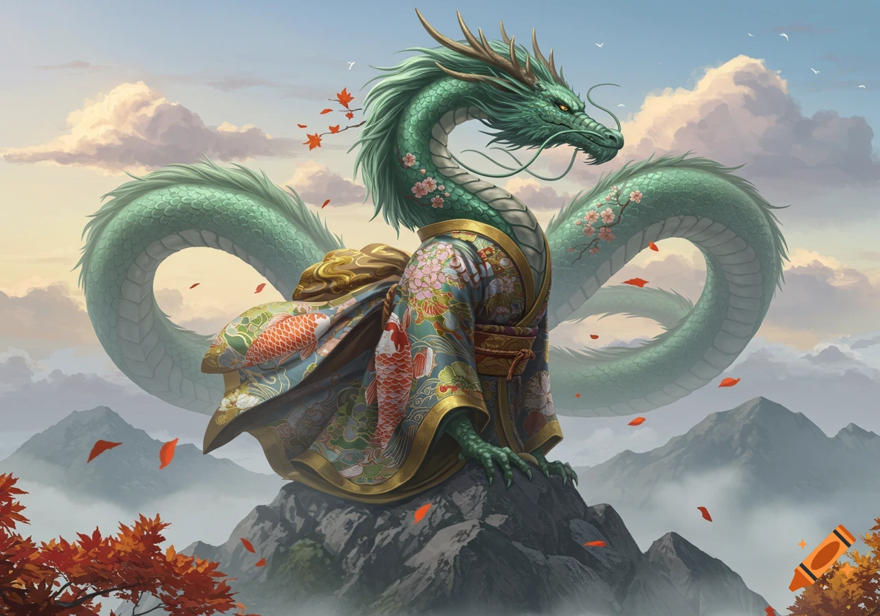 A majestic green dragon, adorned in a vibrant, intricately patterned kimono, perches atop a rocky mountain peak amidst a cloudy sky with autumn leaves.