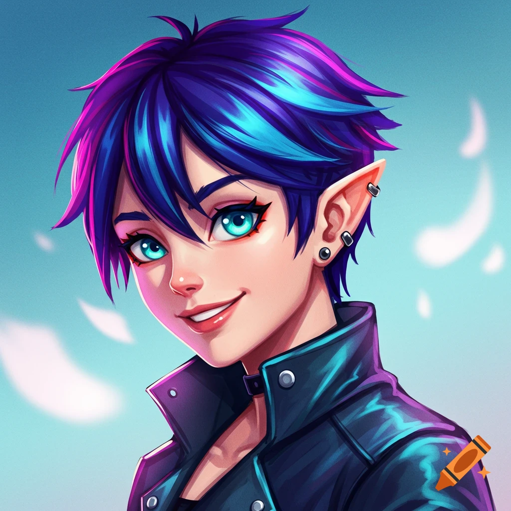 Anime portrait of a person with spiky blue and purple hair, teal eyes, and a black leather jacket.