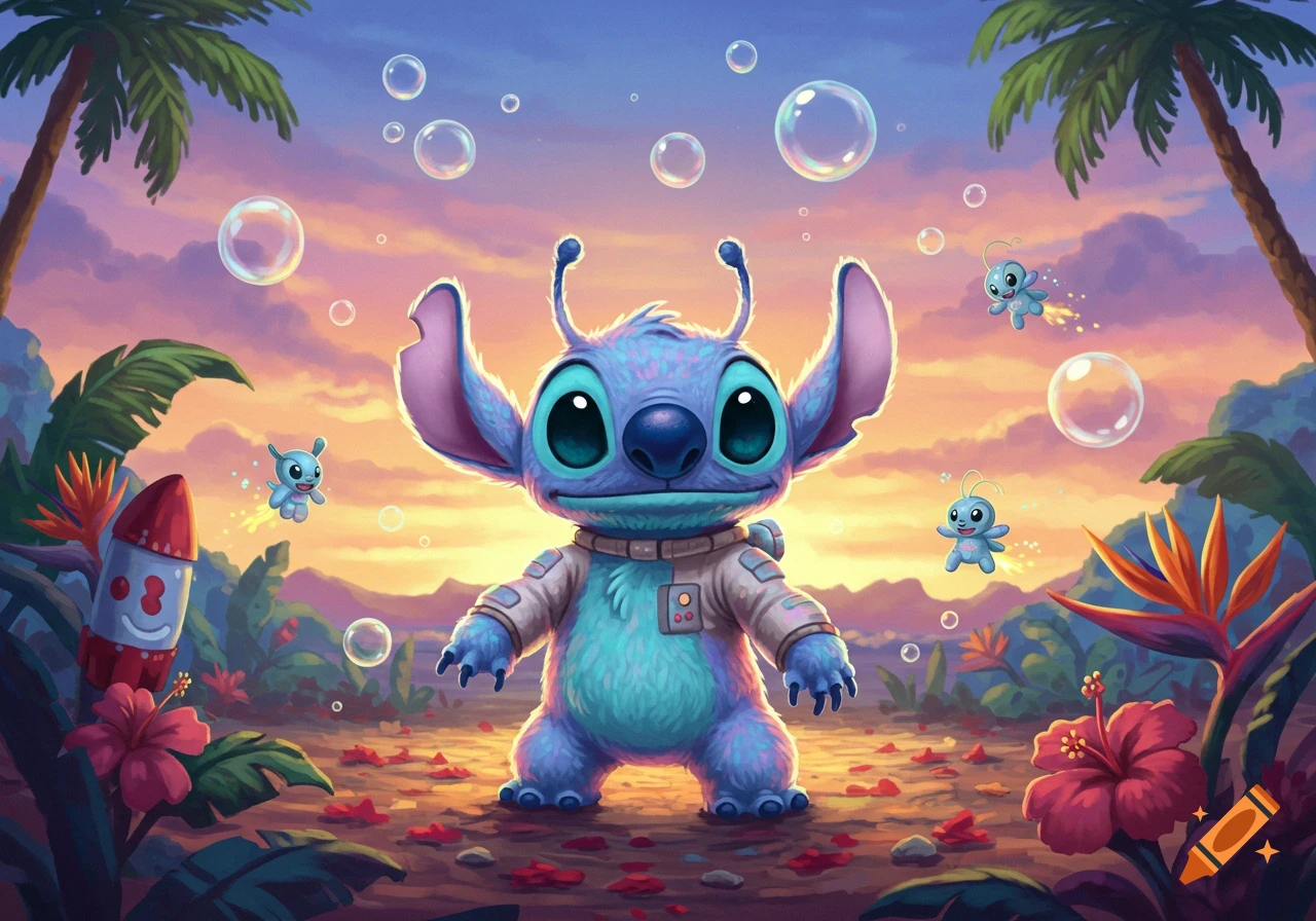 A cute blue alien character resembling Stitch, wearing a beige space suit, stands in a vibrant tropical landscape at sunset with bubbles and small flying creatures.