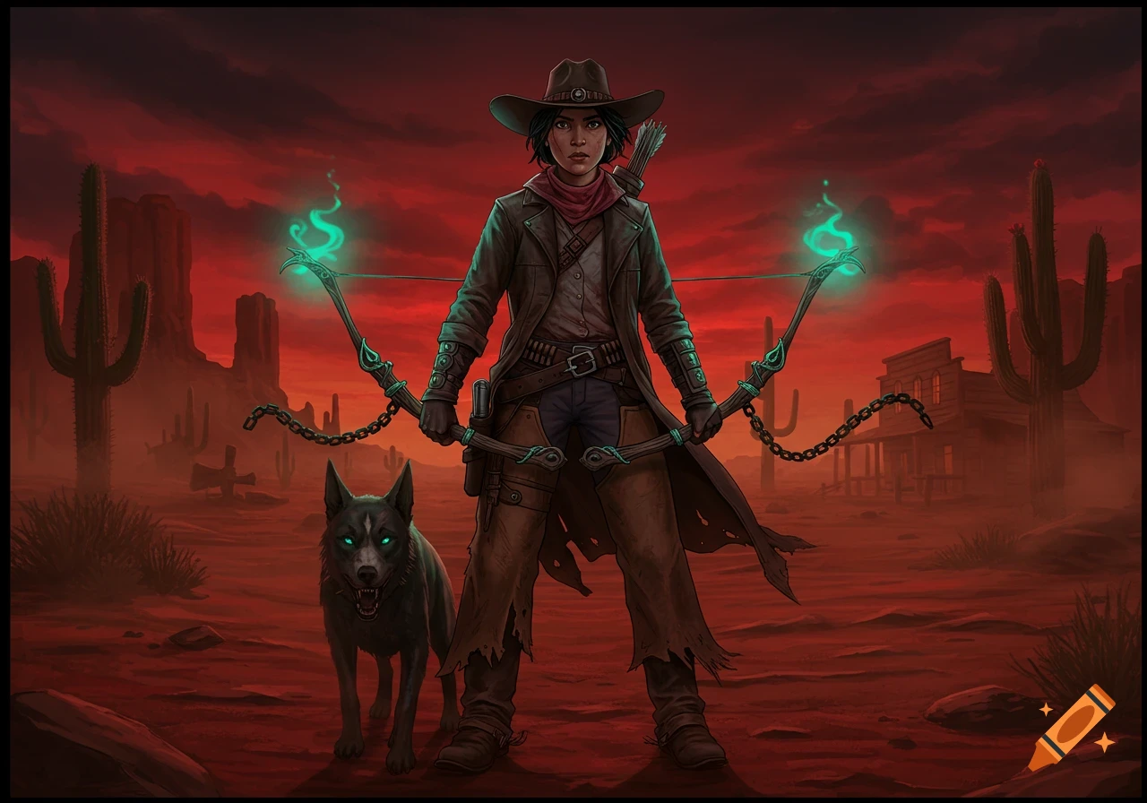 A female cowboy with a glowing magical bow stands in a red desert with her wolf companion, in a horror western style.