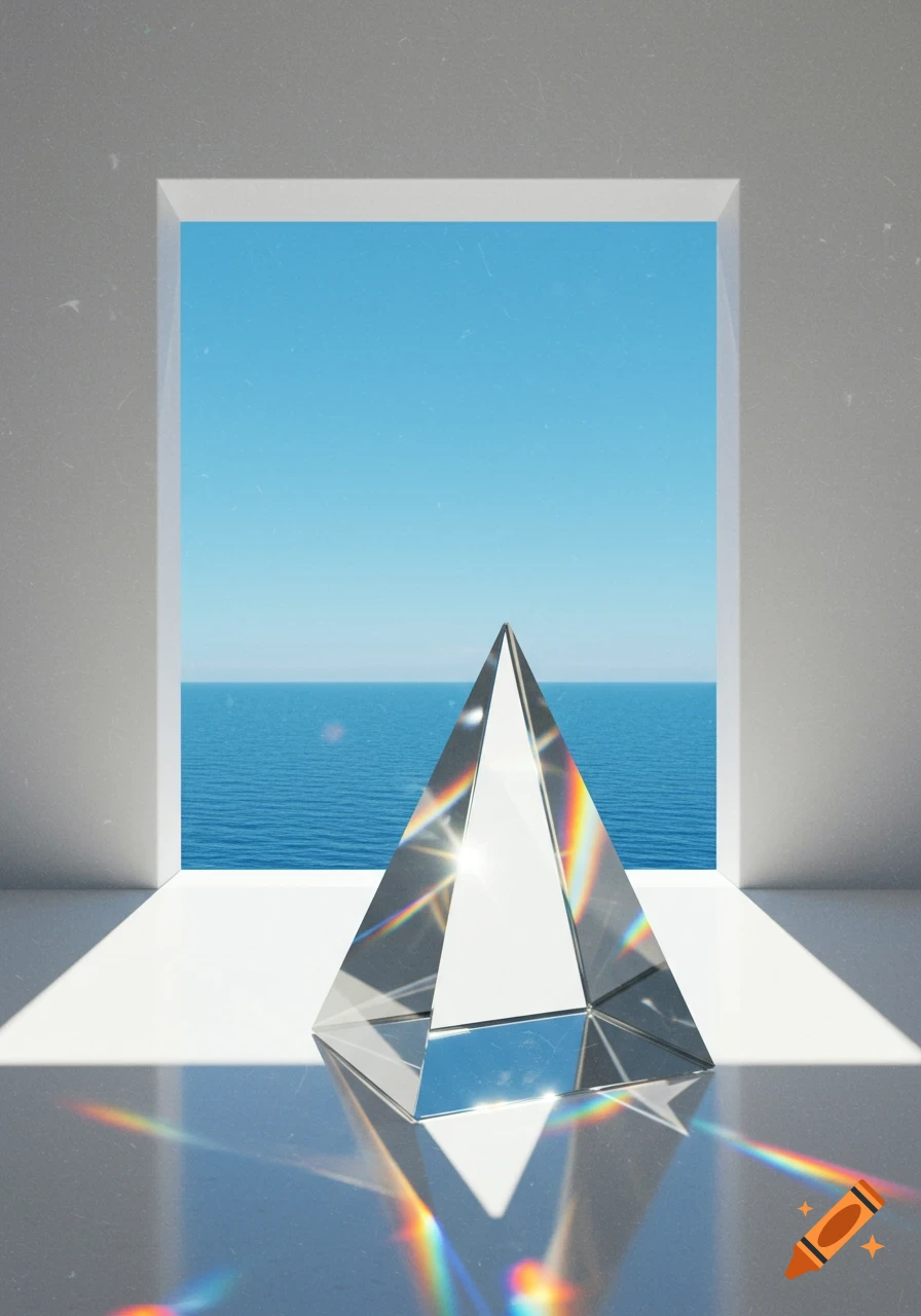 A clear glass pyramid sits on a white surface, refracting sunlight into rainbows. A bright window behind it reveals a calm blue ocean and sky.