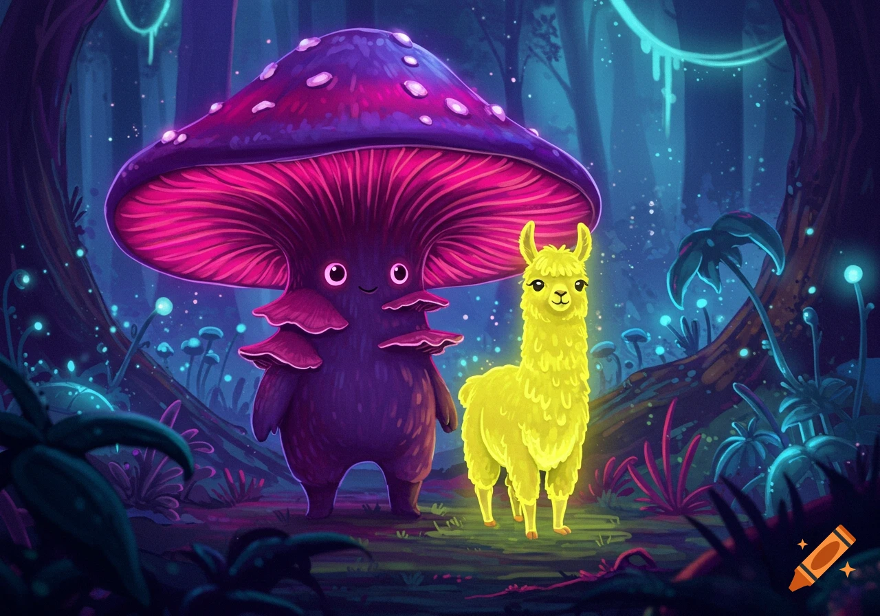 A cute purple mushroom creature and a neon yellow llama stand in a glowing, mystical forest at night, illustrated in a whimsical style.