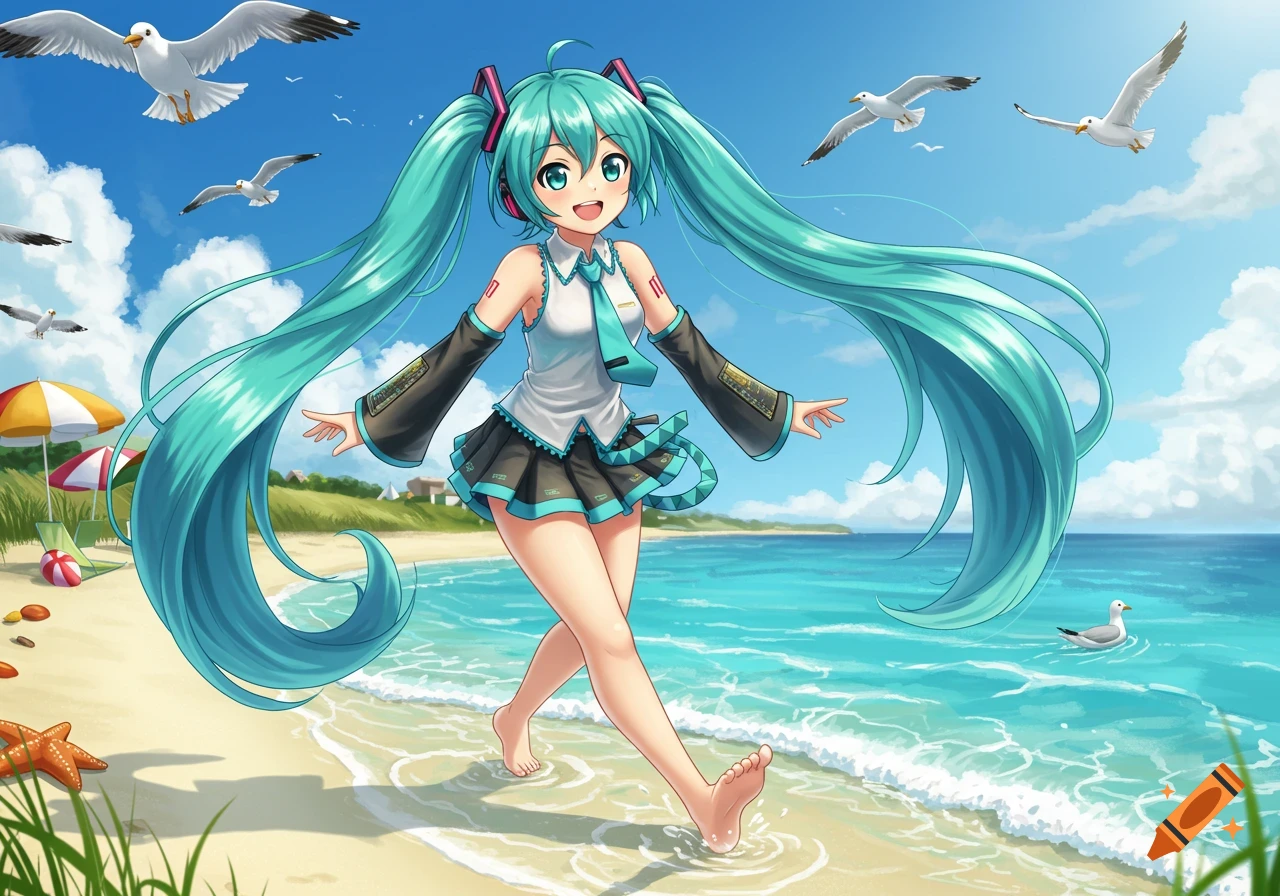 Hatsune Miku in her signature outfit walking barefoot on a sunny beach with seagulls flying and beach umbrellas in the background.