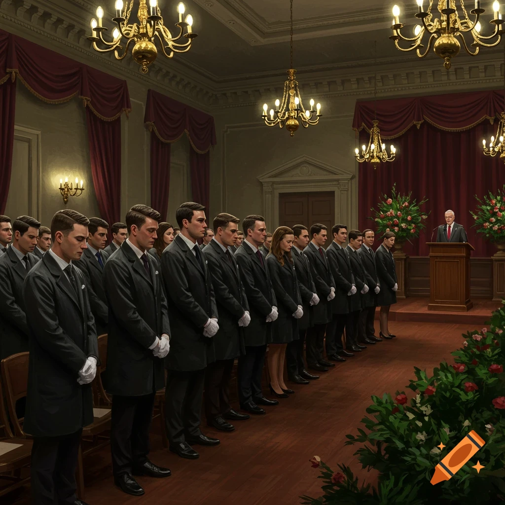 A line of people in black coats and white gloves standing at attention in a grand hall with chandeliers, facing a man speaking at a podium.