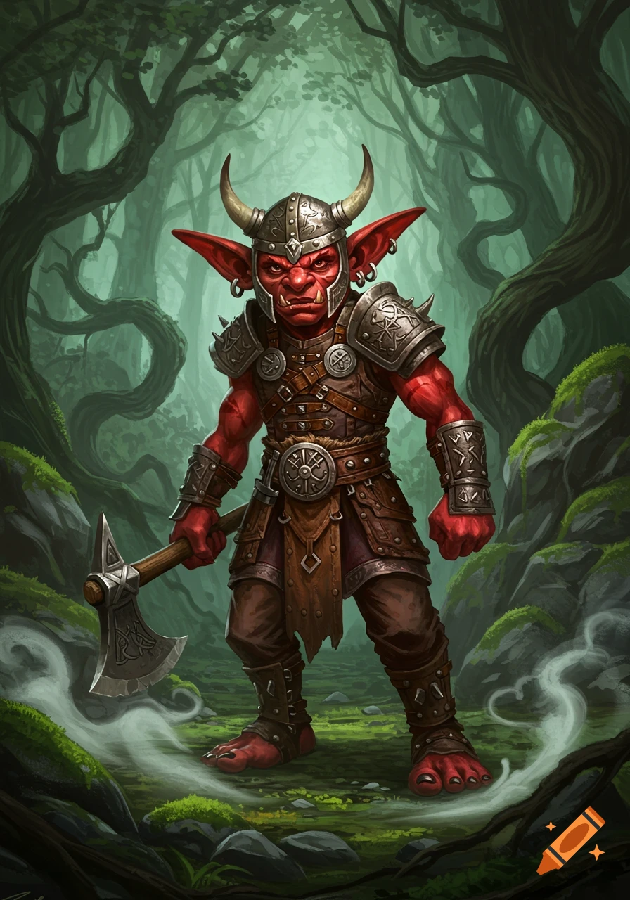 A red-skinned goblin warrior in horned Viking armor stands holding an axe in a lush green forest, stylized fantasy illustration.