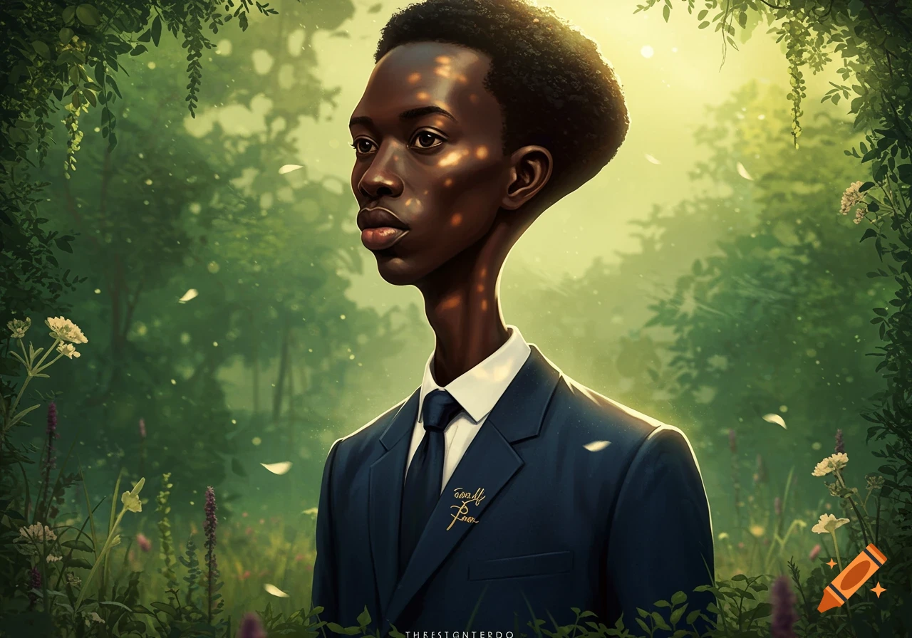 A stylized portrait of a Black man with an elongated head and neck, wearing a suit, standing in a lush, sunlit forest.