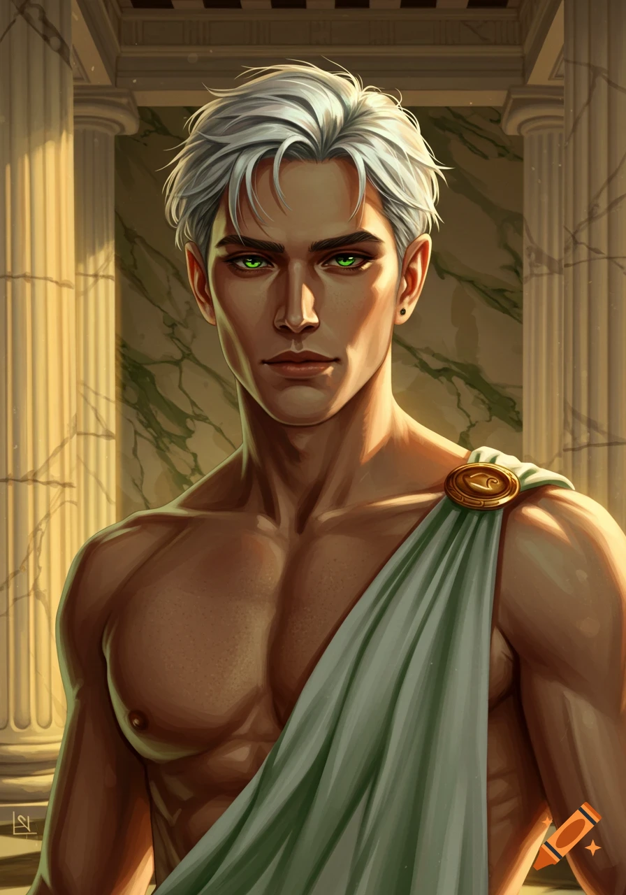 A striking portrait of a man with white hair and piercing green eyes, wearing a toga in a classical setting.