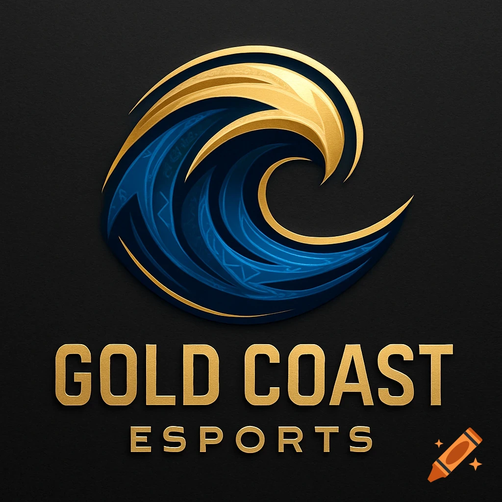 A black background logo with a gold and blue stylized wave design above the gold text 'GOLD COAST ESPORTS'.