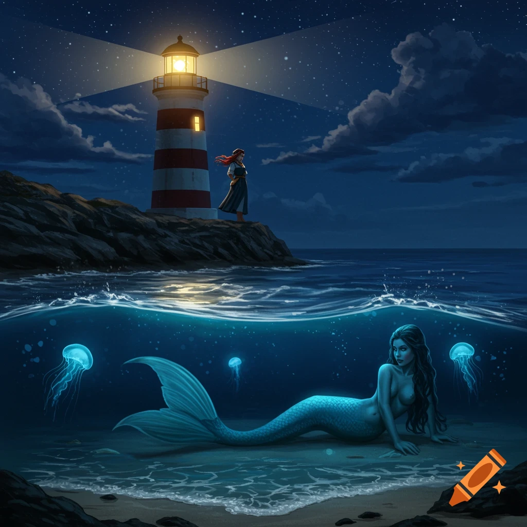 An illustrated nighttime scene of a lighthouse on a rocky coast with a woman looking down at a mermaid and glowing jellyfish in the ocean.