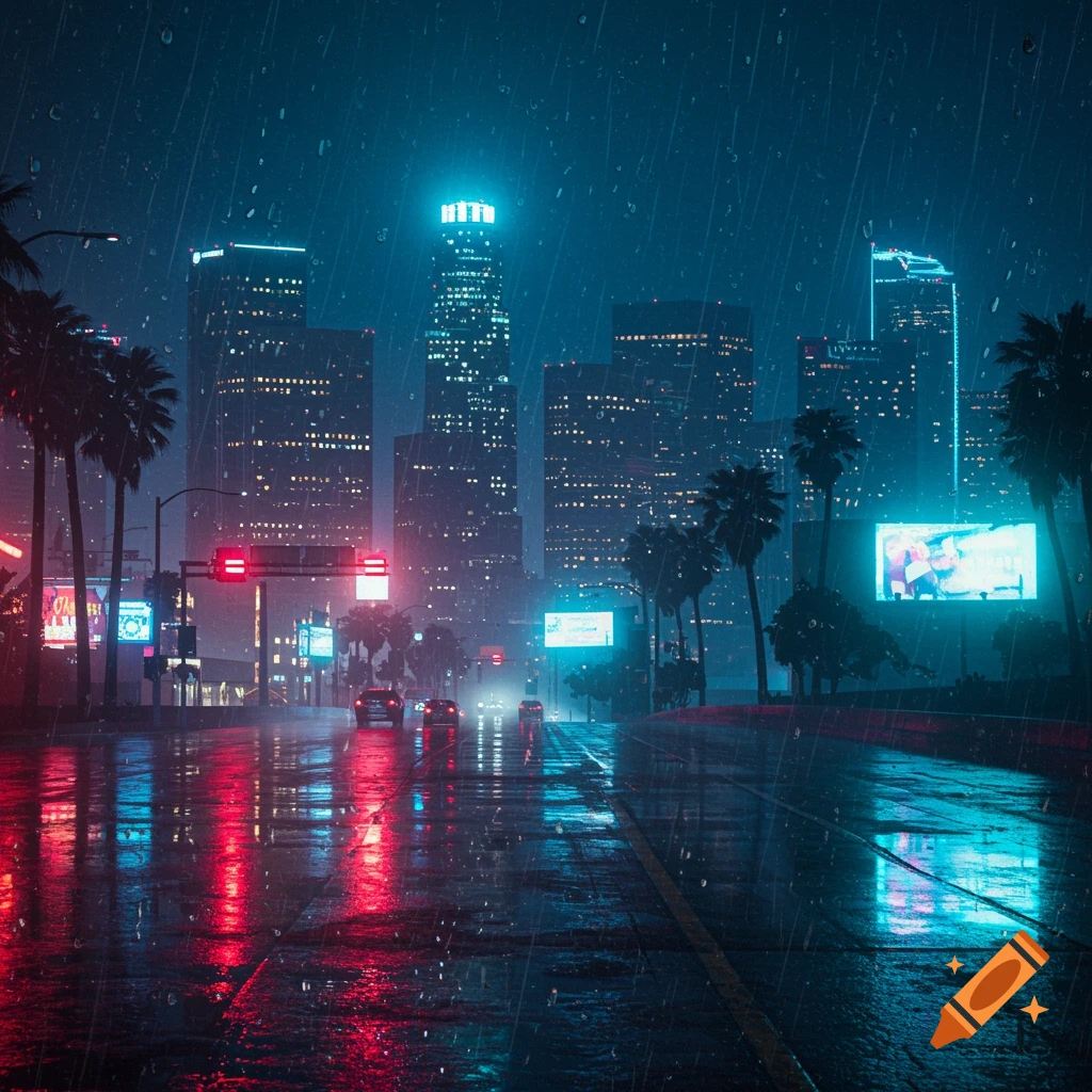 Photorealistic view of a rainy city street at night, with neon lights reflecting on wet pavement and a skyline of tall buildings.