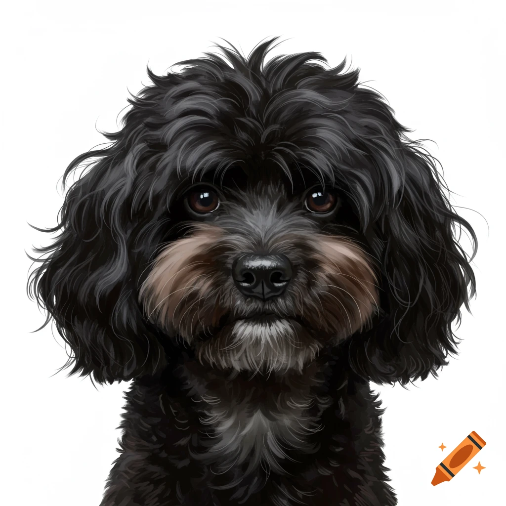 A close-up portrait of a fluffy black dog with brown and white markings around its snout, looking directly at the viewer.