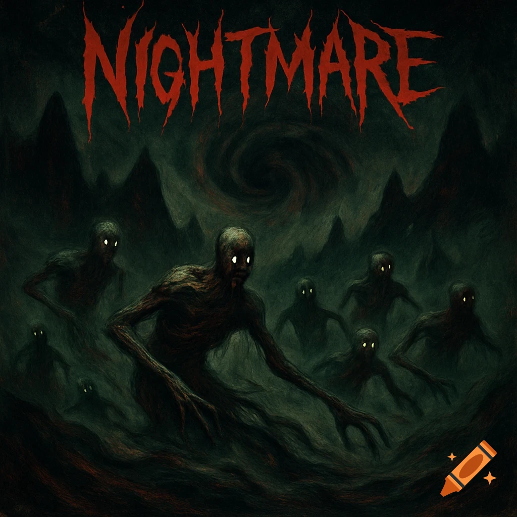 Dark, stylized horror album cover featuring the red word 'NIGHTMARE' above multiple shadowy, glowing-eyed monstrous figures in a dark, murky landscape.