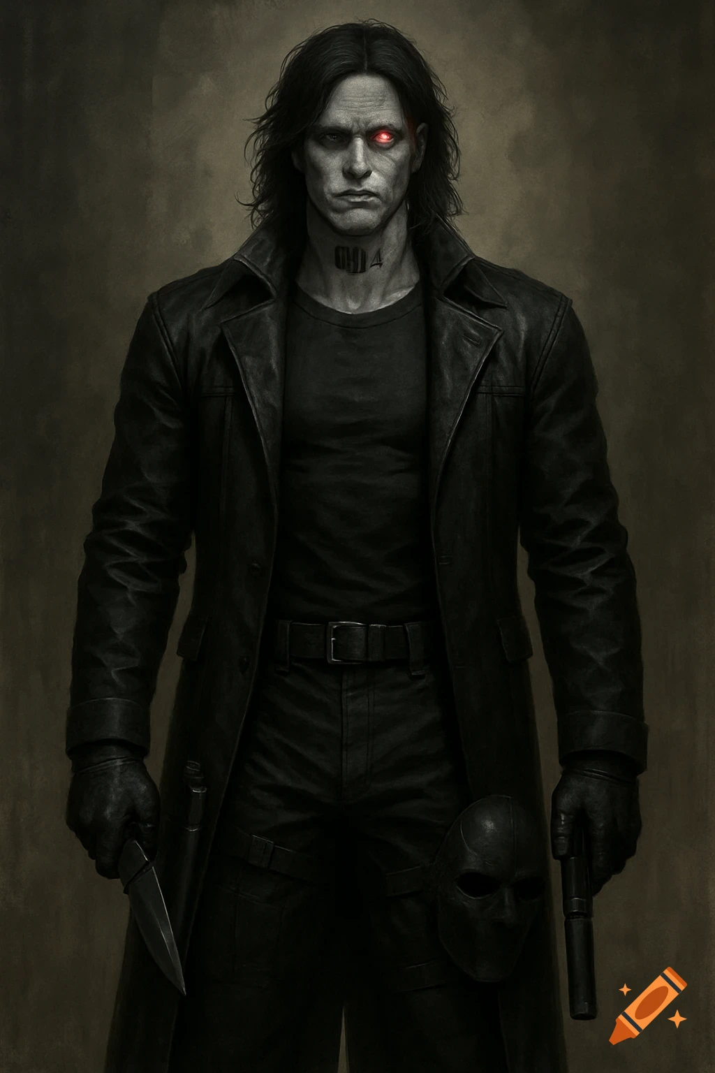 A grim, pale man with long dark hair and a glowing red cybernetic eye, wearing a black leather coat and tactical gear, holding a knife and a pistol.