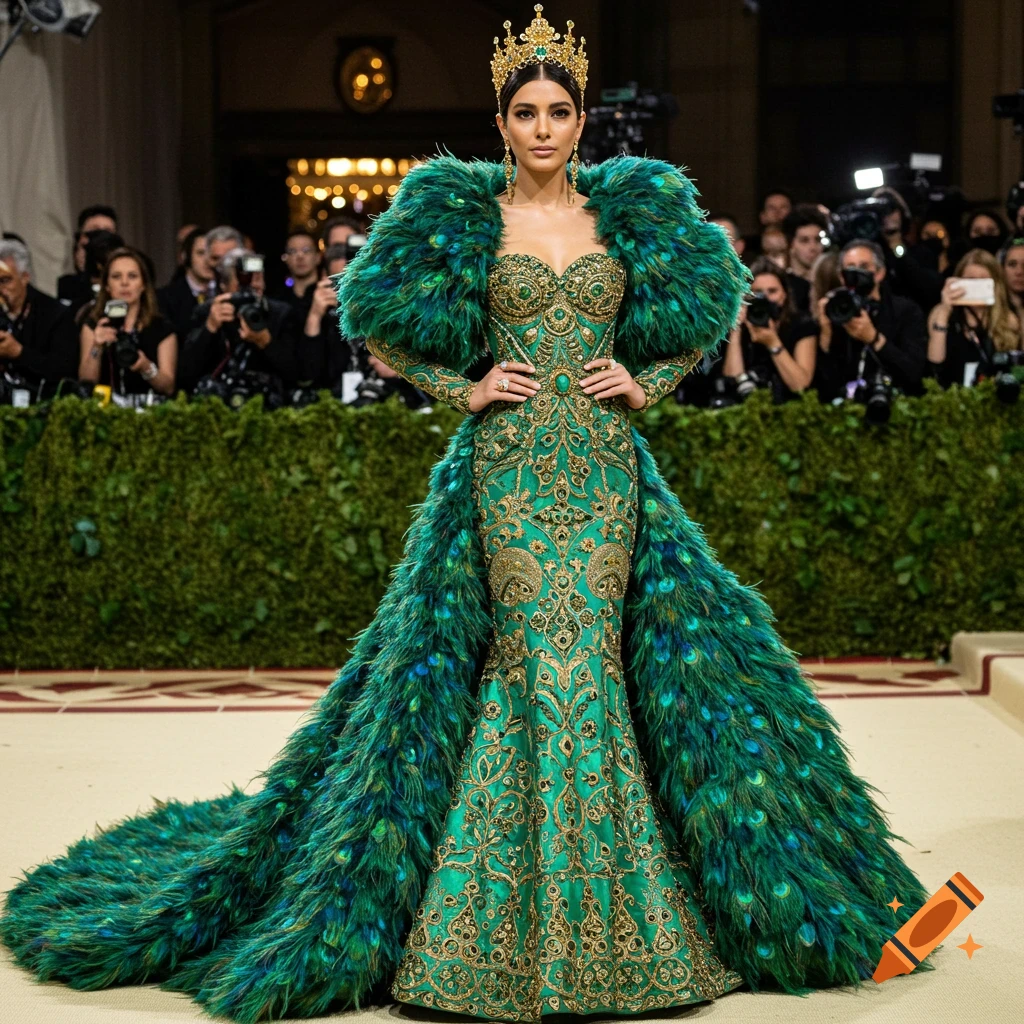 A woman in an elaborate green and gold feathered gown with a crown poses on a red carpet at the Met Gala.