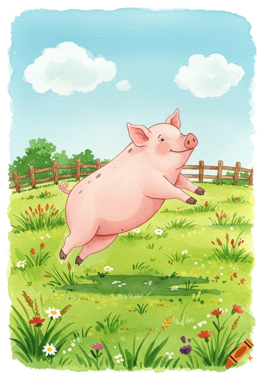 A happy pink pig jumps through a green field with flowers and a wooden fence under a blue sky, watercolor style.
