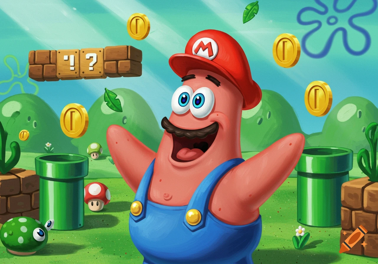 Patrick Star dressed as Mario, with a red cap and blue overalls, in a vibrant Super Mario Bros. level with question mark blocks and coins.