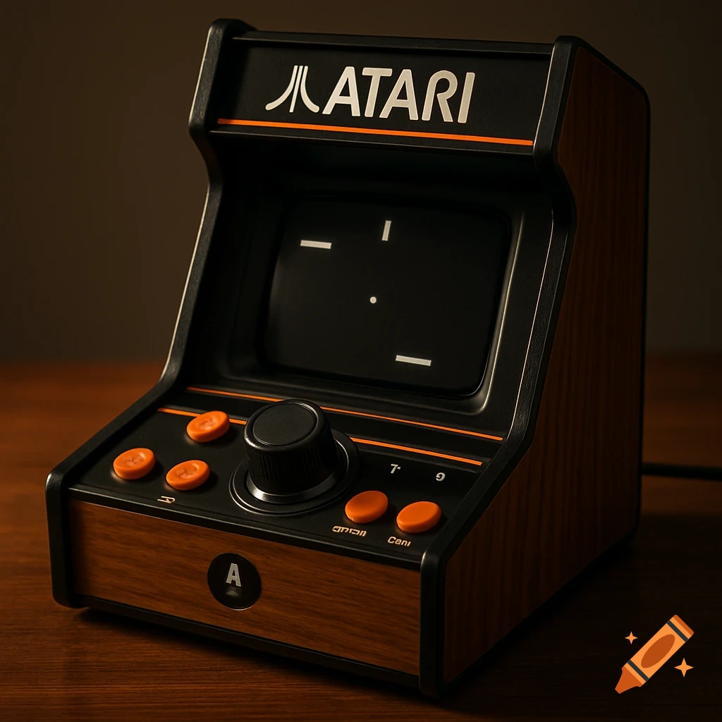 A realistic countertop Atari arcade machine with a black screen showing Pong, orange buttons, and wood grain, on a wooden surface.