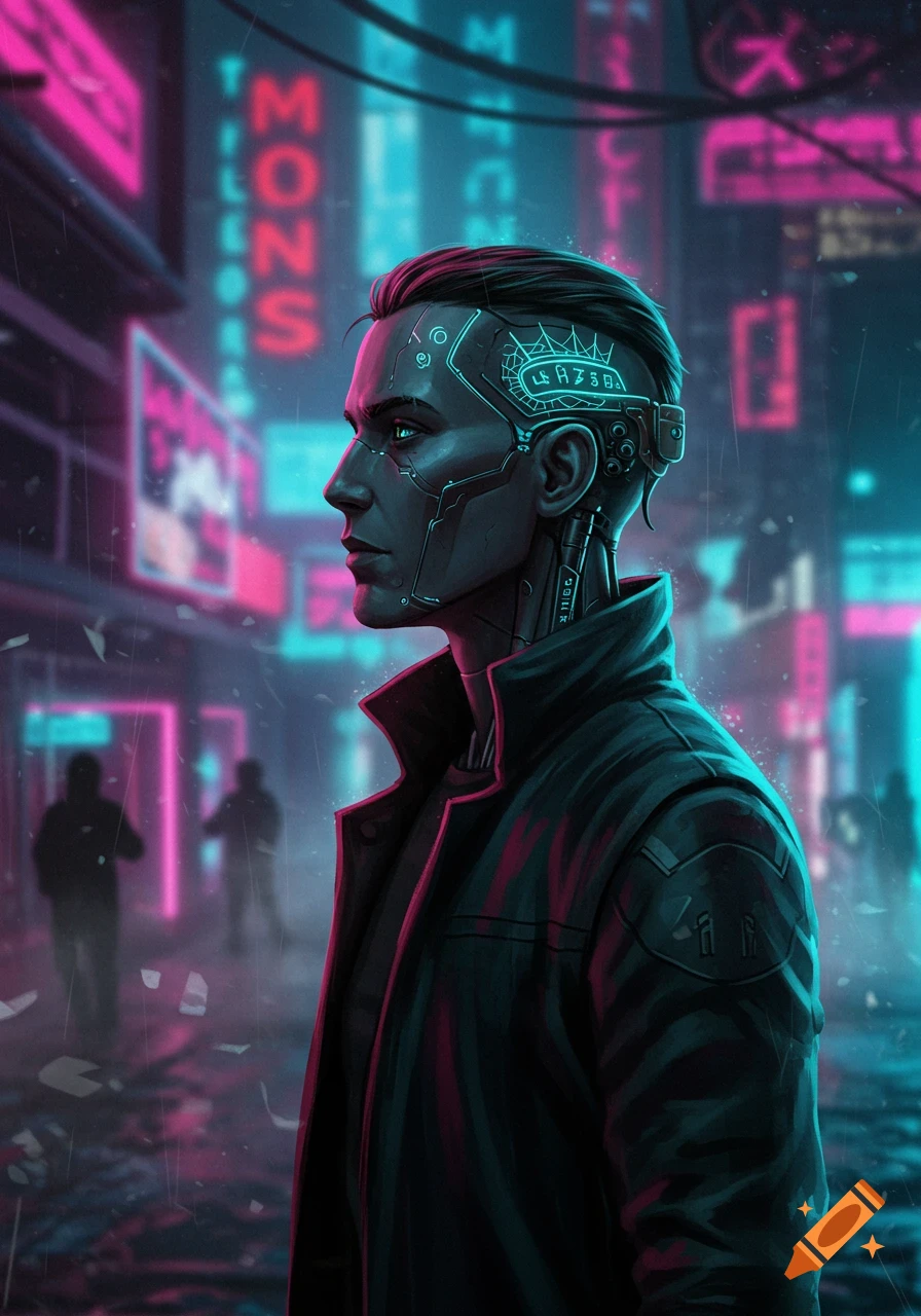 A man with cybernetic implants on his head stands in a rainy, neon-lit cyberpunk city street at night.