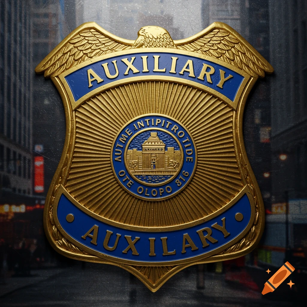 A gold and blue police auxiliary shield with an eagle at the top, over a blurred city background.