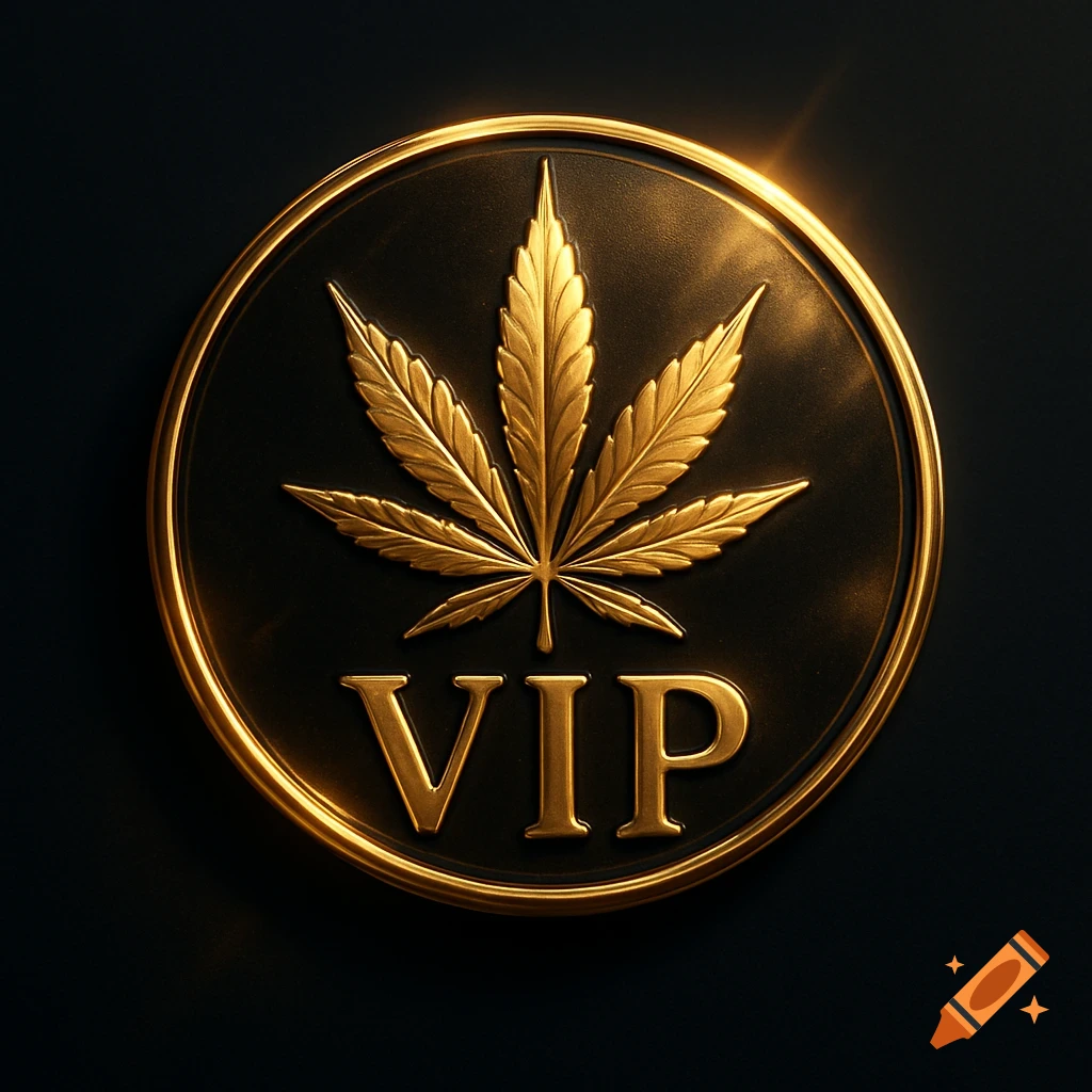 A luxurious gold and black circular badge with a prominent gold marijuana leaf and 'VIP' text.