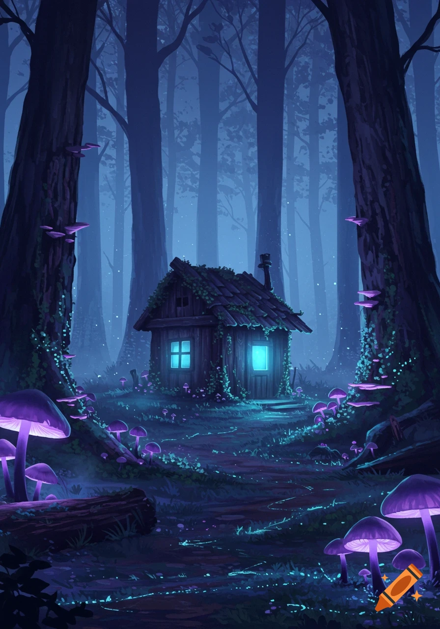 A mysterious shack with glowing windows in a dark, enchanted forest lit by luminous purple mushrooms.