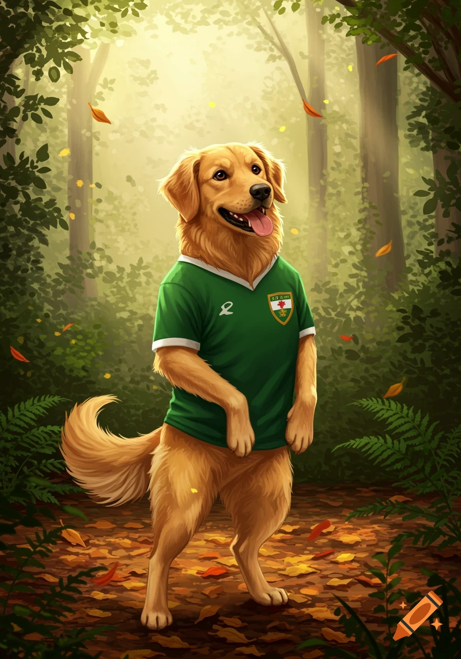 A happy golden retriever stands on its hind legs in a sunlit forest, wearing a green football jersey with a crest.