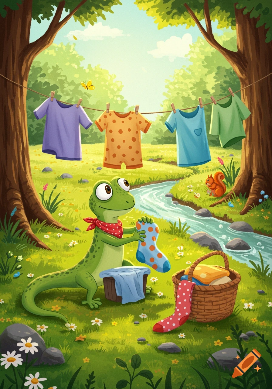 A cartoon green lizard hangs laundry on a clothesline in a sunny forest next to a stream, holding a polka-dotted sock.