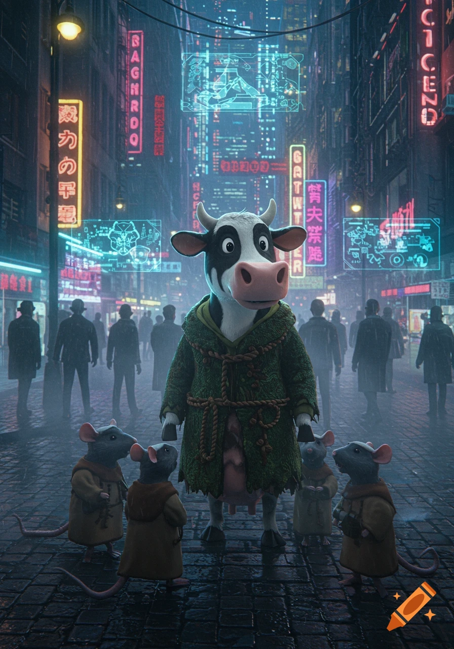 A cartoon cow dressed as a druid stands in a futuristic, neon-lit cyberpunk city street with three cartoon rats by its feet.