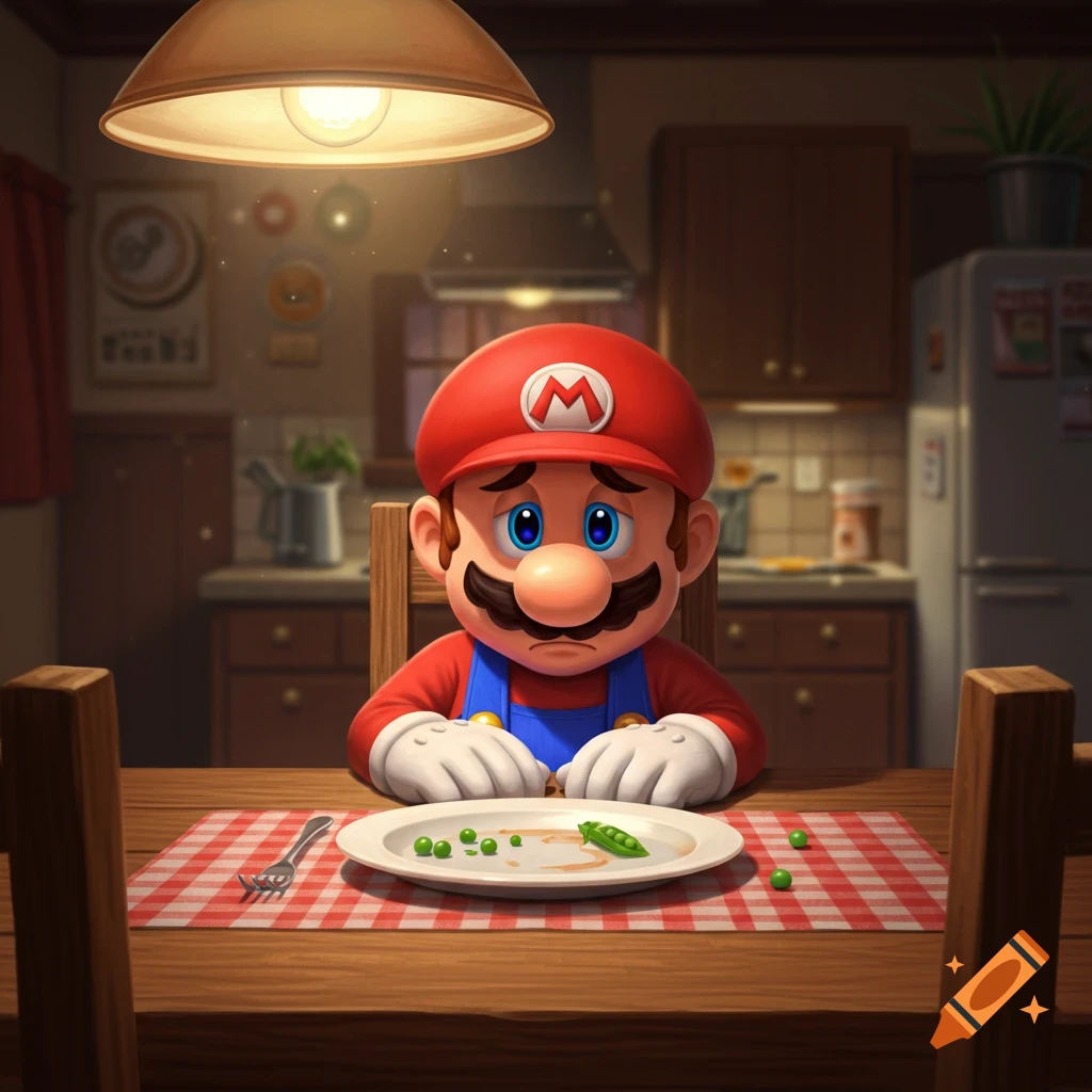 Sad Mario sits at a dining table in a kitchen, looking at a plate with only a few peas on it.