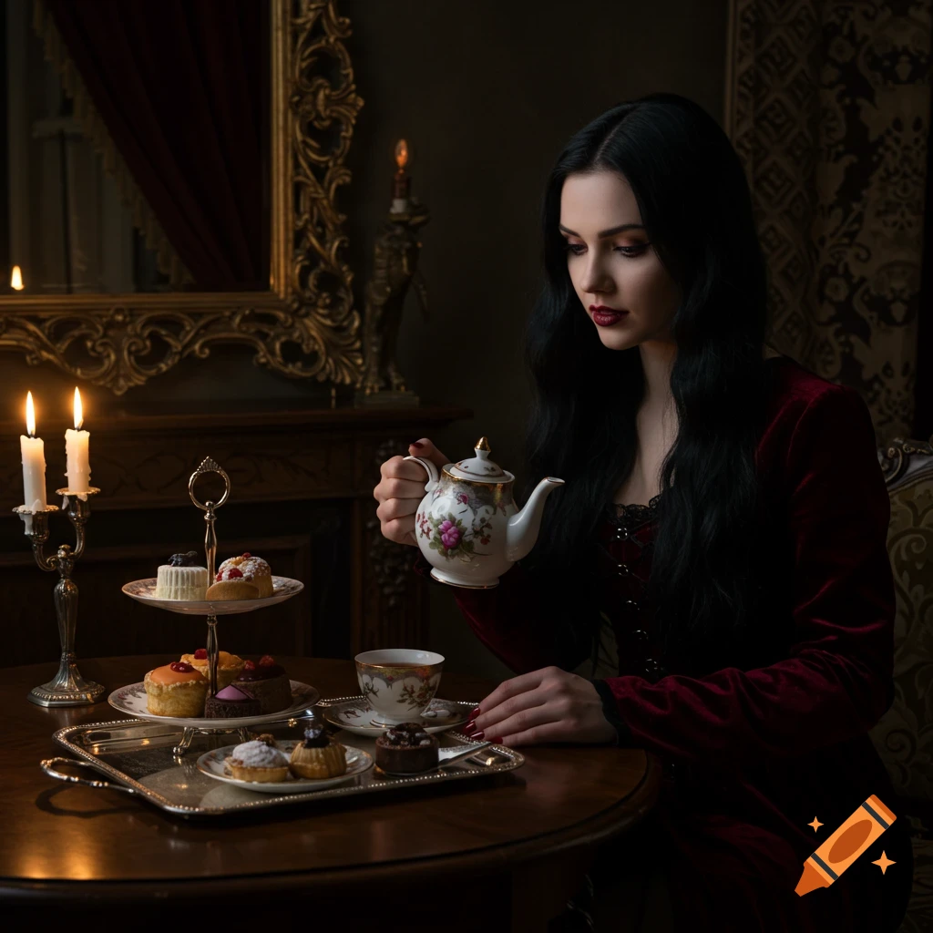A woman with dark hair in a red dress pours tea from a vintage teapot into a cup, surrounded by pastries and candles in an opulent, dimly lit room.