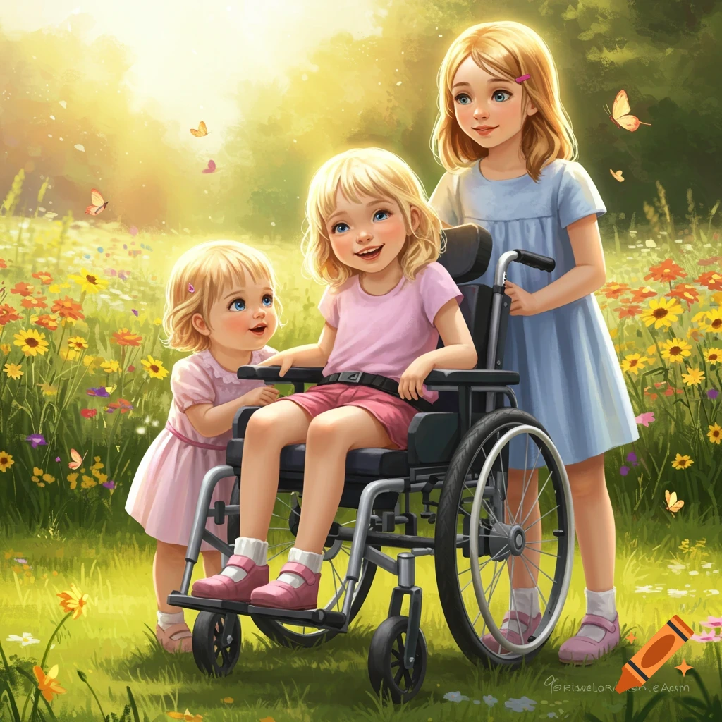 Three young girls in a sunny, flowery meadow. One girl sits smiling in a wheelchair, another stands next to her, and a third pushes from behind.