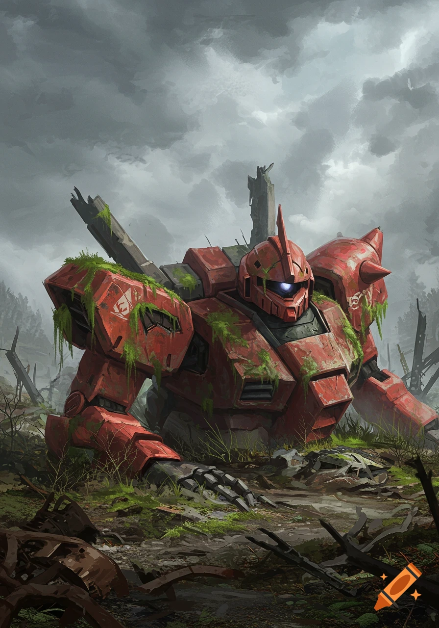 A large, rusted red robot, possibly a Gelgoog, lies crashed and overgrown with moss in a desolate, overgrown landscape under a cloudy sky.